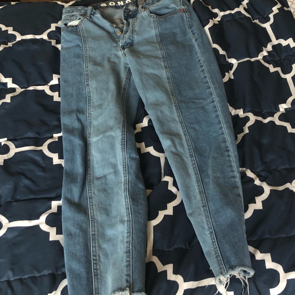 blue striped denim jeans